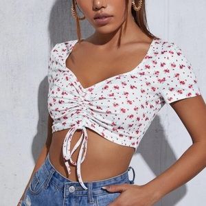 Drawstring Knot Ruched Front Ditsy Floral Top